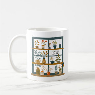 Plant Lover Potted Plants on Window Mongrammed Coffee Mug