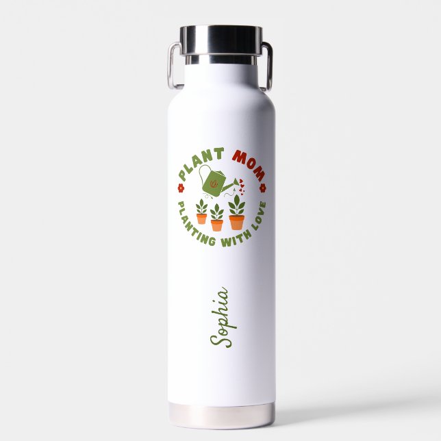 Plant Mum Planting With Love Personalised Water Bottle (Front)