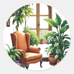 Plant Parents Reading Nook Cosy Garden Watercolor Classic Round Sticker