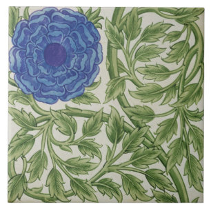 Plant with a blue flower (w/c on paper) ceramic tile