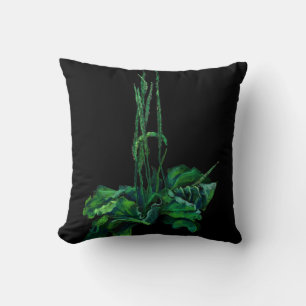 Plantain, floral art green & black summer greenery cushion