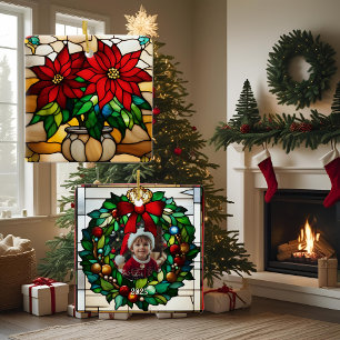Planted Poinsettias Faux Stained Glass Ceramic Ornament