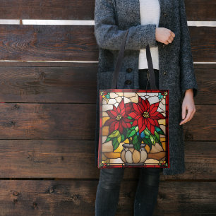 Planted Poinsettias Faux Stained Glass Tote Bag