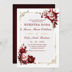 Plantilla Editable de Boda en Burdeos y Dorado Invitation
