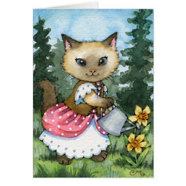 Planting Daffodils - Cute Cat Card (Front)