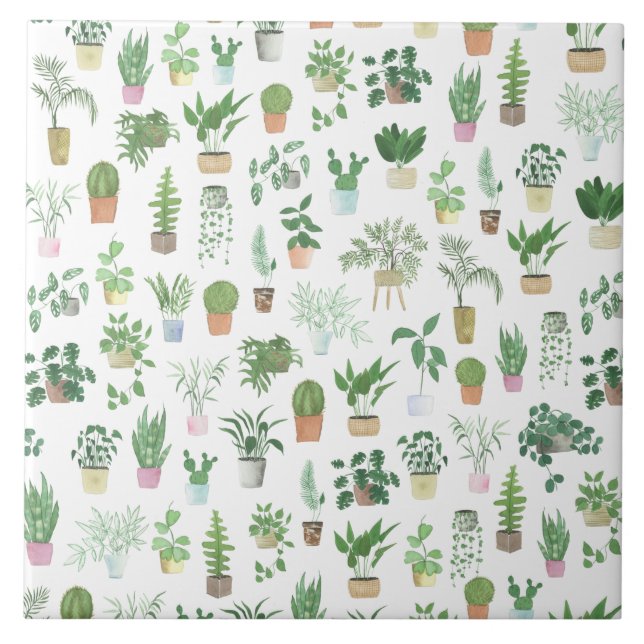 Plantita House Plants and Pots Pattern Ceramic Tile (Front)