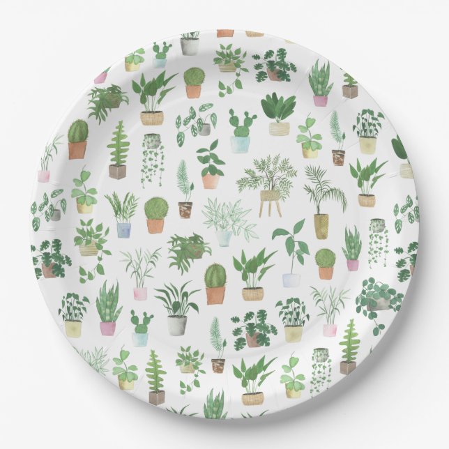 Plantita House Plants and Pots Pattern Paper Plate (Front)