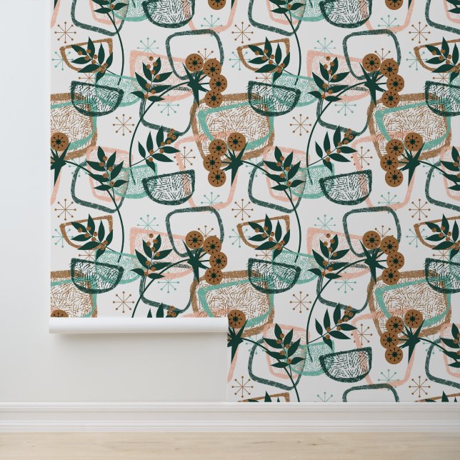 Plants and Pots Aqua Beige Mid Century Style Wallpaper (Application)
