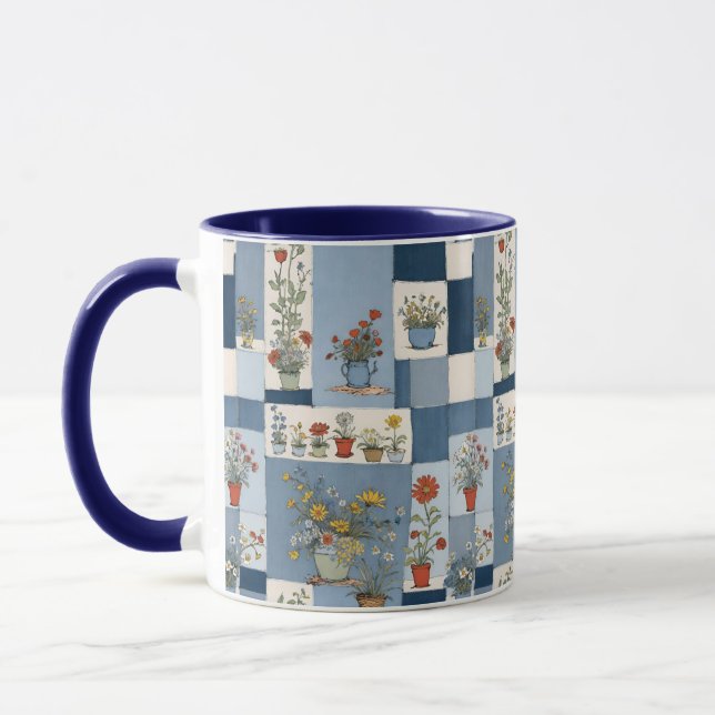 Plants and Retro Blue Jean Denim Patchwork Floral Mug (Left)