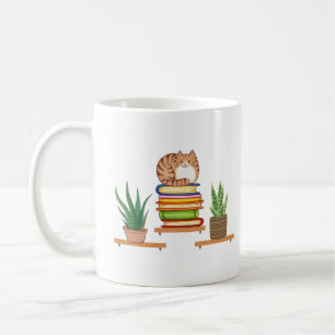 Plants, Cats And Books - Cat On A Bookshelf Coffee Mug