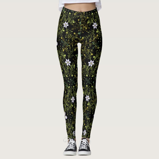 Plants pattern.10b Black BG Leggings (Front)