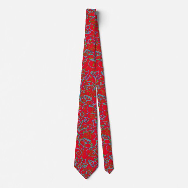 Plants pattern.14D Green floral Red BG Tie (Front)
