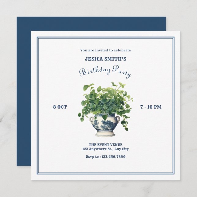 Plants with antique vase birthday invitation (Front/Back)