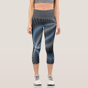 Plastic Blue Grey 3D Fractal Art Modern Abstract Capri Leggings