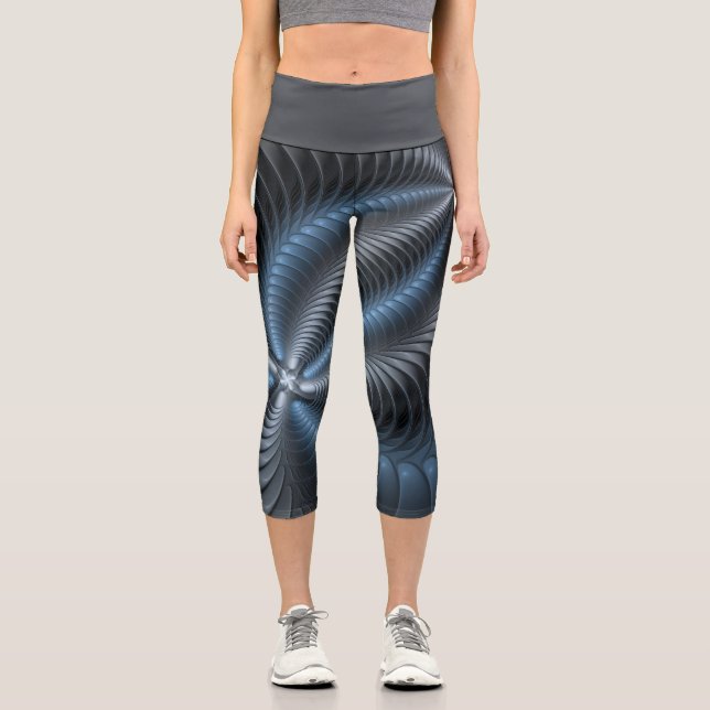 Plastic Blue Grey 3D Fractal Art Modern Abstract Capri Leggings (Front)