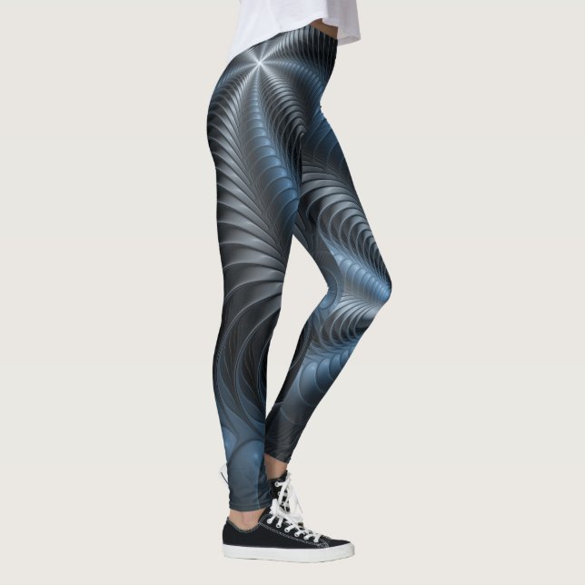 Plastic Blue Grey 3D Fractal Art Modern Abstract Leggings (Right)