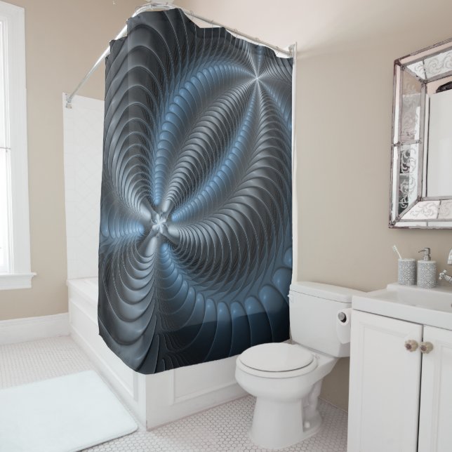 Plastic Blue Grey 3D Fractal Art Modern Abstract Shower Curtain (In Situ)