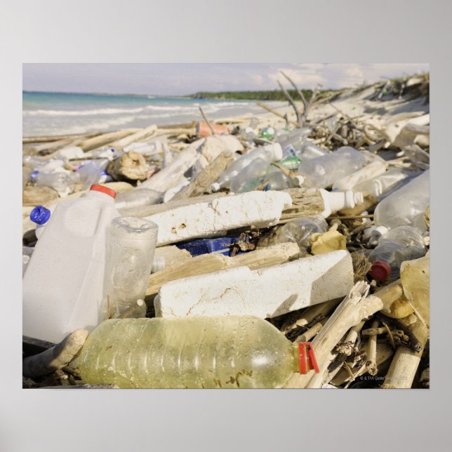 Plastic bottles and ocean dumping on a tropical poster (Front)