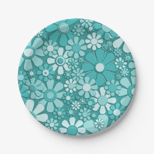 Plastic Flowers Retro 60s 70s Floral Pattern Print Paper Plate