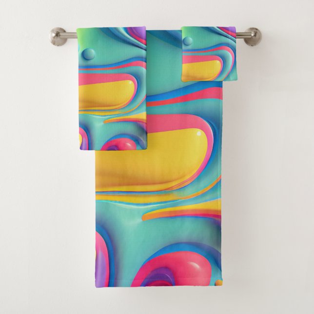 Plastic Rainbow Fluid Shapes Bath Towel Set (Insitu)
