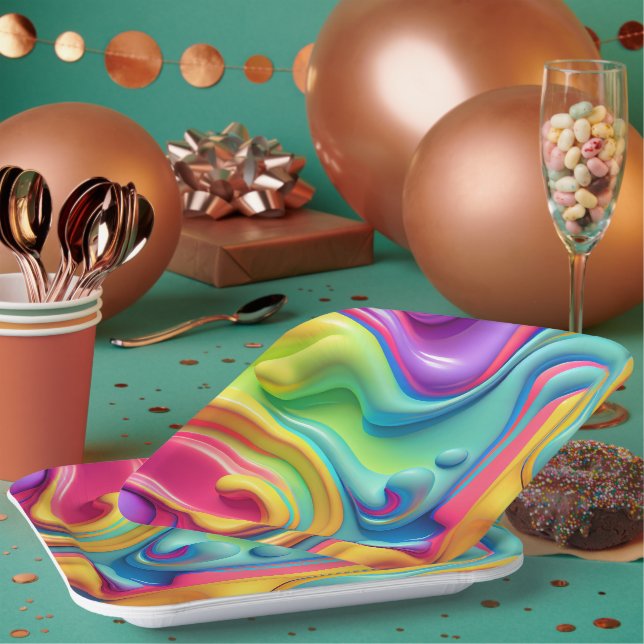 Plastic Rainbow Fluid Shapes Paper Plate (Multi)