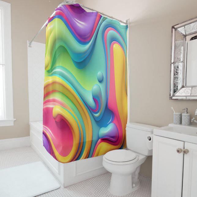Plastic Rainbow Fluid Shapes Shower Curtain (In Situ)