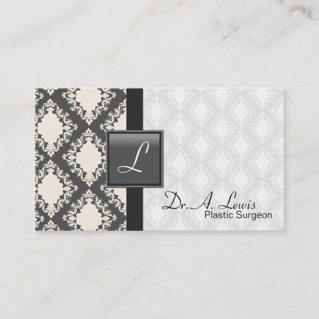Plastic Surgeon Business Card - Grey White Damask (Front)