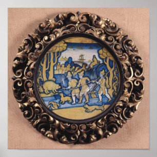 Plate decorated with a hunting scene poster
