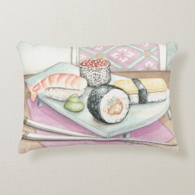 Plate of Assorted Sushi with Chopsticks Decorative Cushion (Front)