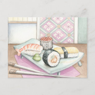 Plate of Assorted Sushi with Chopsticks Postcard
