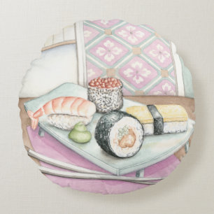 Plate of Assorted Sushi with Chopsticks Round Cushion