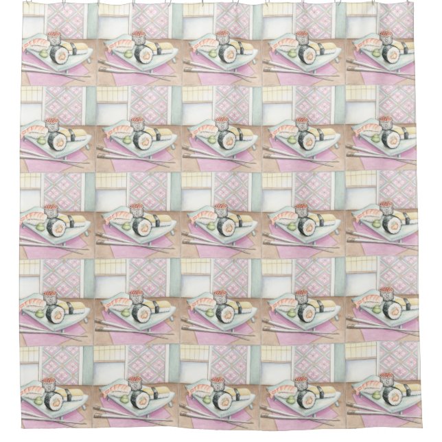 Plate of Assorted Sushi with Chopsticks Shower Curtain (Front)