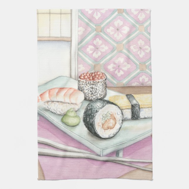 Plate of Assorted Sushi with Chopsticks Tea Towel (Vertical)
