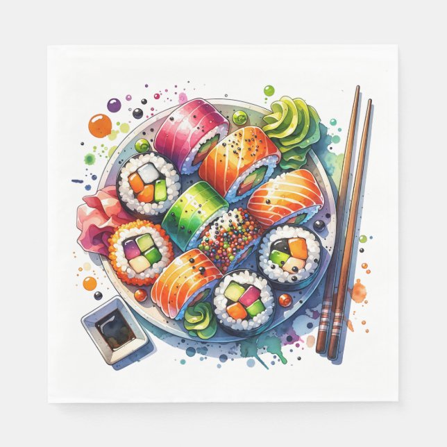 Plate of Sushi, Soy Sauce and Chopsticks Birthday Napkin (Front)