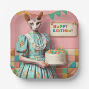 Plate   Retro Sphynx Cat Birthday Party Pink