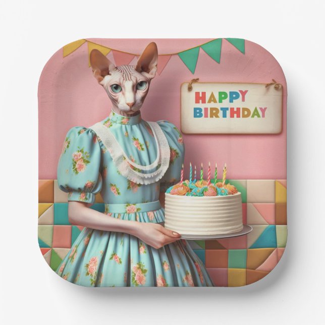 Plate | Retro Sphynx Cat Birthday Party Pink (Front)