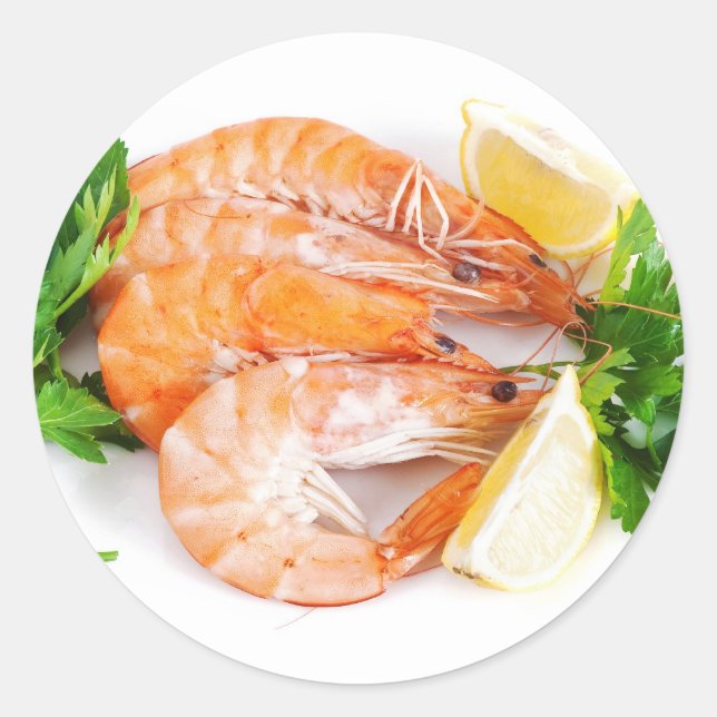 plate with shrimps closeup classic round sticker (Front)