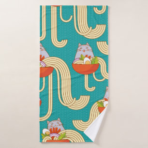 Plates of noodles and funny cats. Noodles with spi Bath Towel