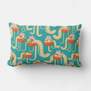Plates of noodles and funny cats. Noodles with spi Lumbar Cushion