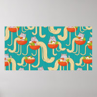Plates of noodles and funny cats. Noodles with spi