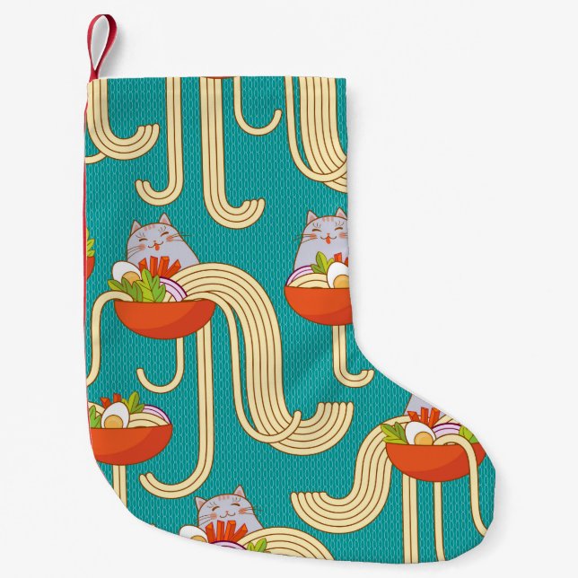 Plates of noodles and funny cats. Noodles with spi Small Christmas Stocking (Front)