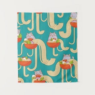 Plates of noodles and funny cats. Noodles with spi Tapestry
