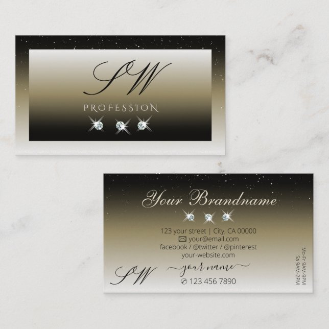 Platinum Beige Gradient Sparkle Diamonds Initials Business Card (Front/Back)