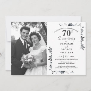 Platinum Floral 70th Wedding Anniversary Photo Invitation