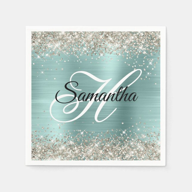 Platinum Glitter Pale Turquoise Foil Monogram Napkin (Front)