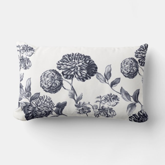 Platinum Grey Modern Botanical Floral Toile Lumbar Cushion (Front)