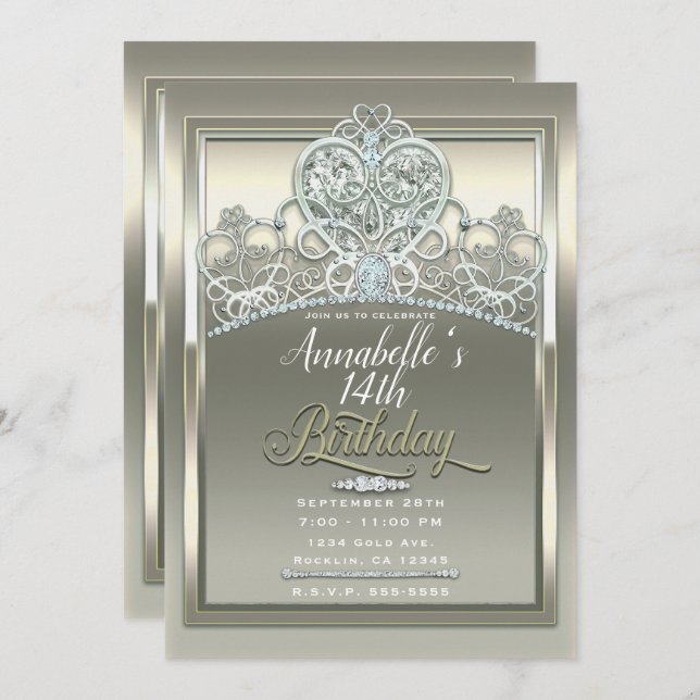 Platinum Ivory Princess Heart Tiara Birthday Party Invitation (Front/Back)