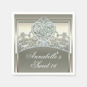 Platinum Ivory Princess Heart Tiara Birthday Party Napkin