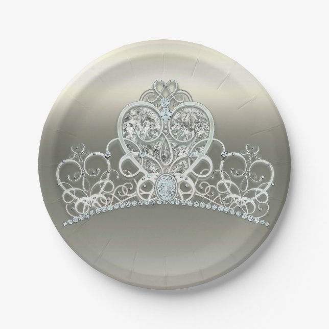 Platinum Ivory Princess Heart Tiara Birthday Party Paper Plate (Front)