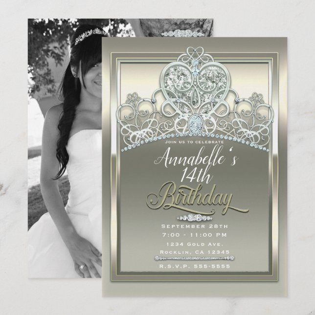 Platinum Ivory Princess Heart Tiara Birthday Photo Invitation (Front/Back)